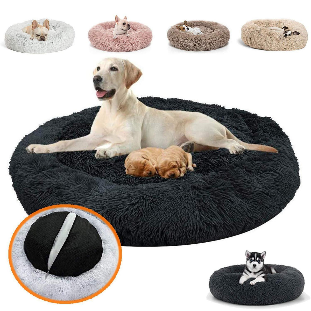 Orthopädisches Hundebett rund, Flauschig & Waschbar - Schwarz 80cm
