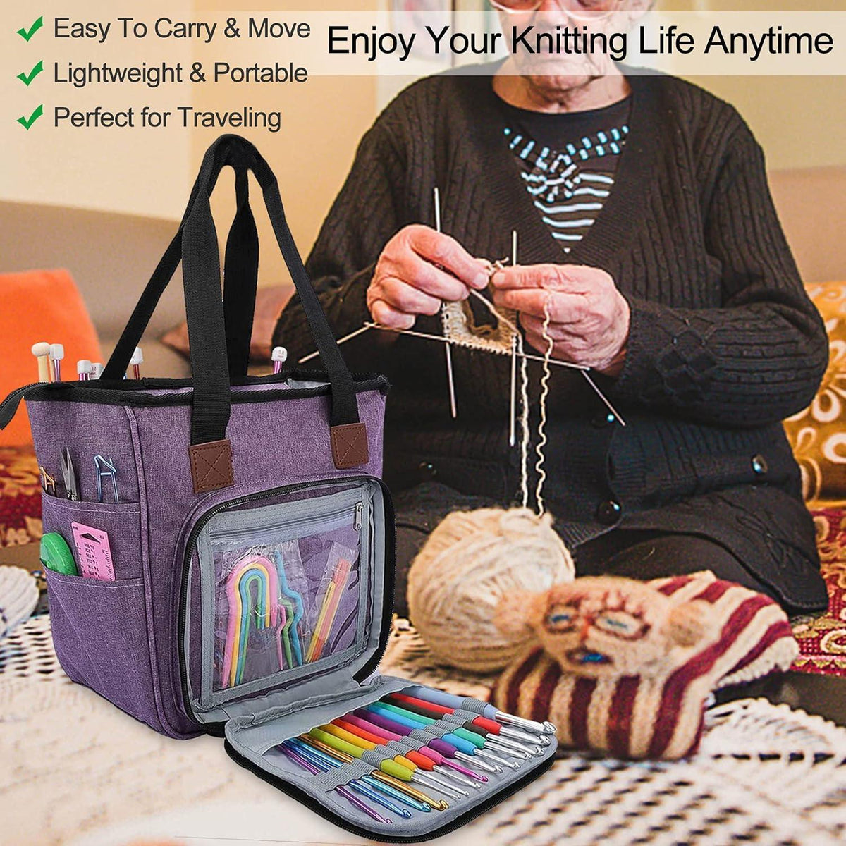Tragetasche für Strickgarn, Organizer, Nähkorb, Elegant Lila