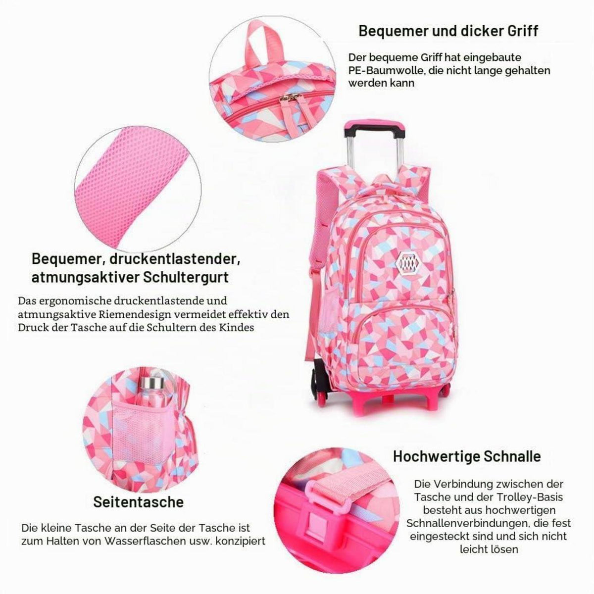 Trolley Schulranzen Mädchen 6 Räder – Wasserdichter Schultrolley Rose