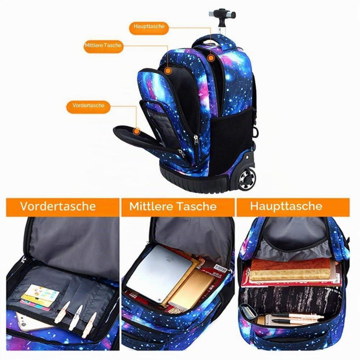 Trolley Rucksack Schulranzen mit Rollen – Lila Sternenhimmel