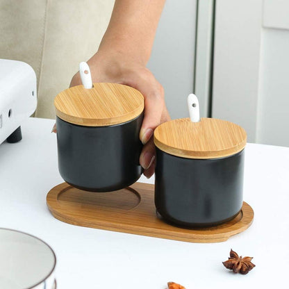 260ml/9oz Keramik Gewürzdosen Salztopf mit Löffel und Bambus Deckel