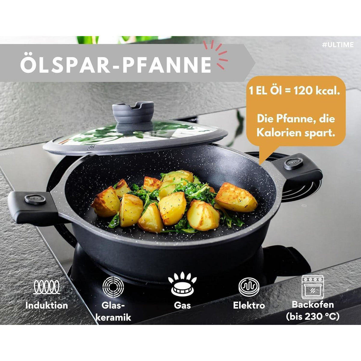 Schmorpfanne 28cm mit Deckel, abnehmbarer Griff, Induktion