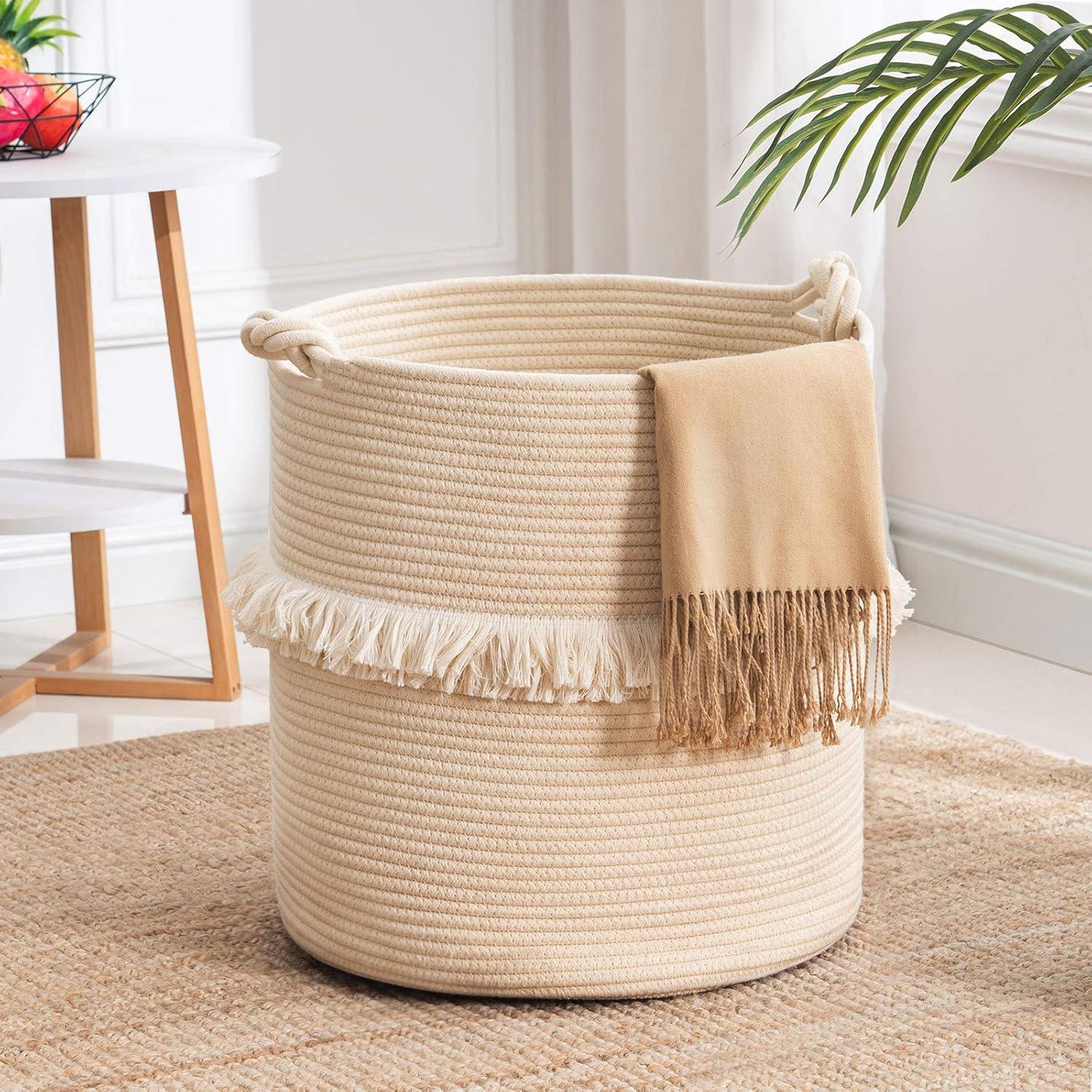 Boho Deko Wäschekorb aus Baumwolle Seil Geflochten 40x43cm Beige