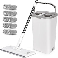 Wischmopp Set mit Eimer, Flachmopp Bodenwischer 10 Mopp Pads