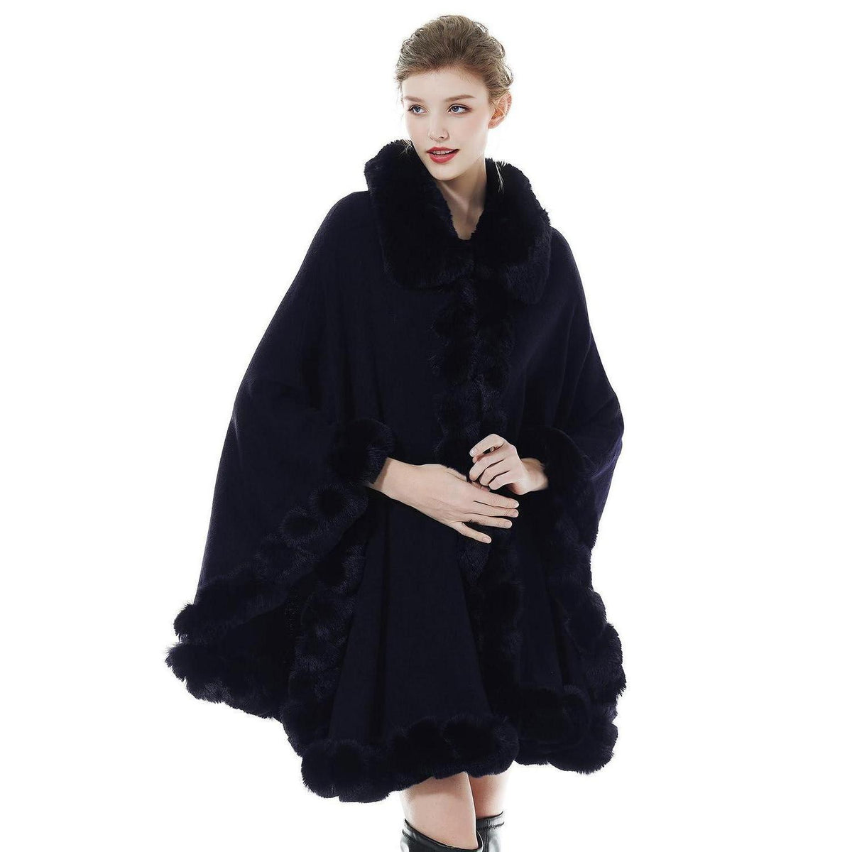 Damen Kunstpelz Poncho Strick Cape Dunkelblau