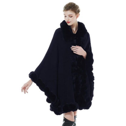 Damen Kunstpelz Poncho Strick Cape Dunkelblau
