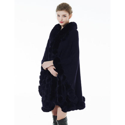 Damen Kunstpelz Poncho Strick Cape Dunkelblau