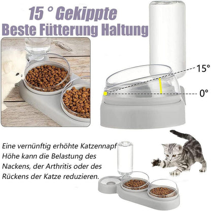 Katzennapf-Set 15° Neigbar Doppelter Futternapf Nass Trockenfutter Aut. Wasserflasche Gray