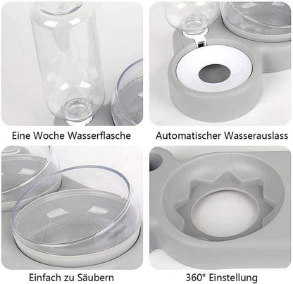 Katzennapf-Set 15° Neigbar Doppelter Futternapf Nass Trockenfutter Aut. Wasserflasche Gray