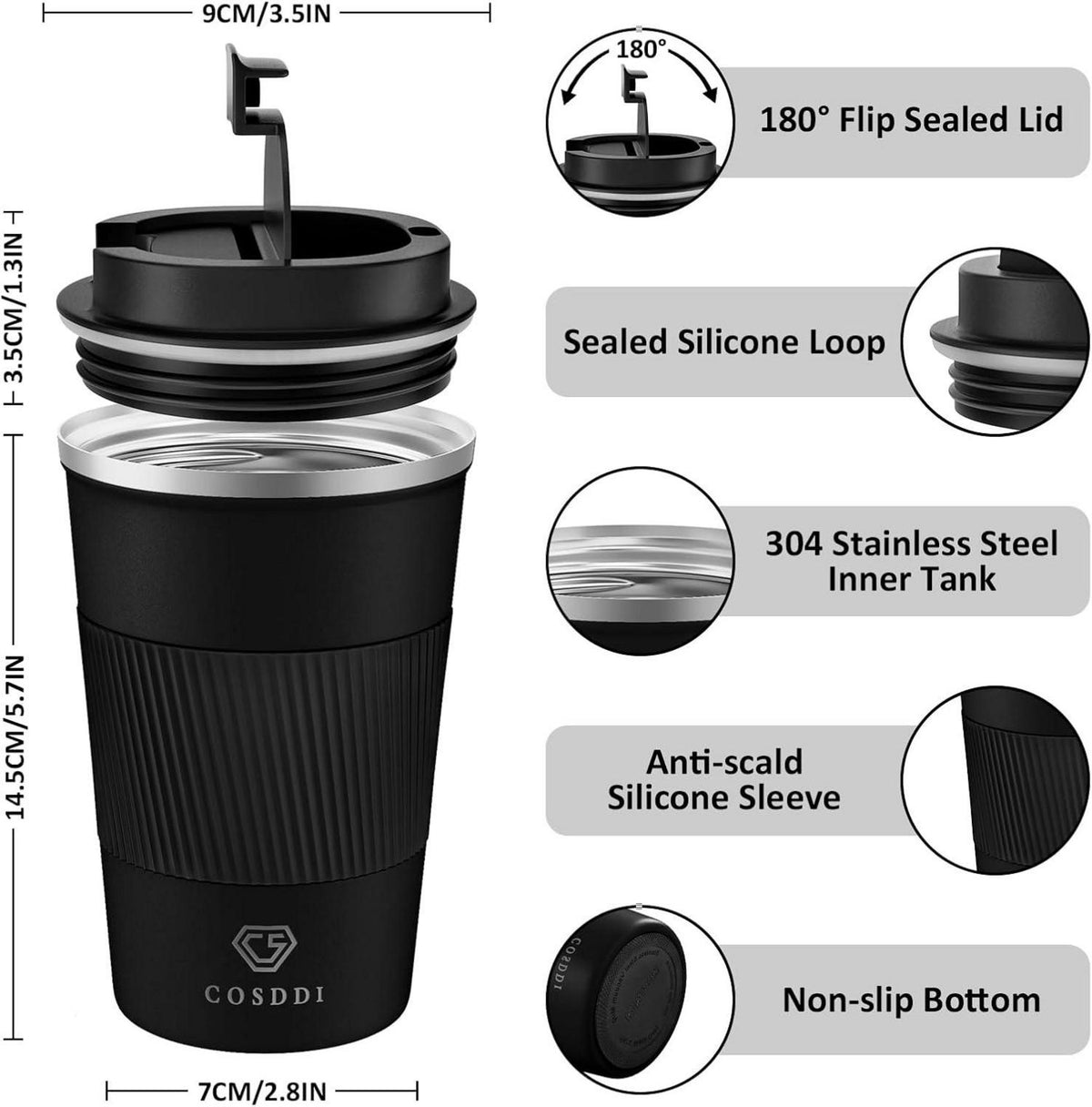 CS COSDDI Thermobecher Edelstahl Travel Mug 380ml Vakuum auslaufsicher Autobecher doppelwandig isoliert