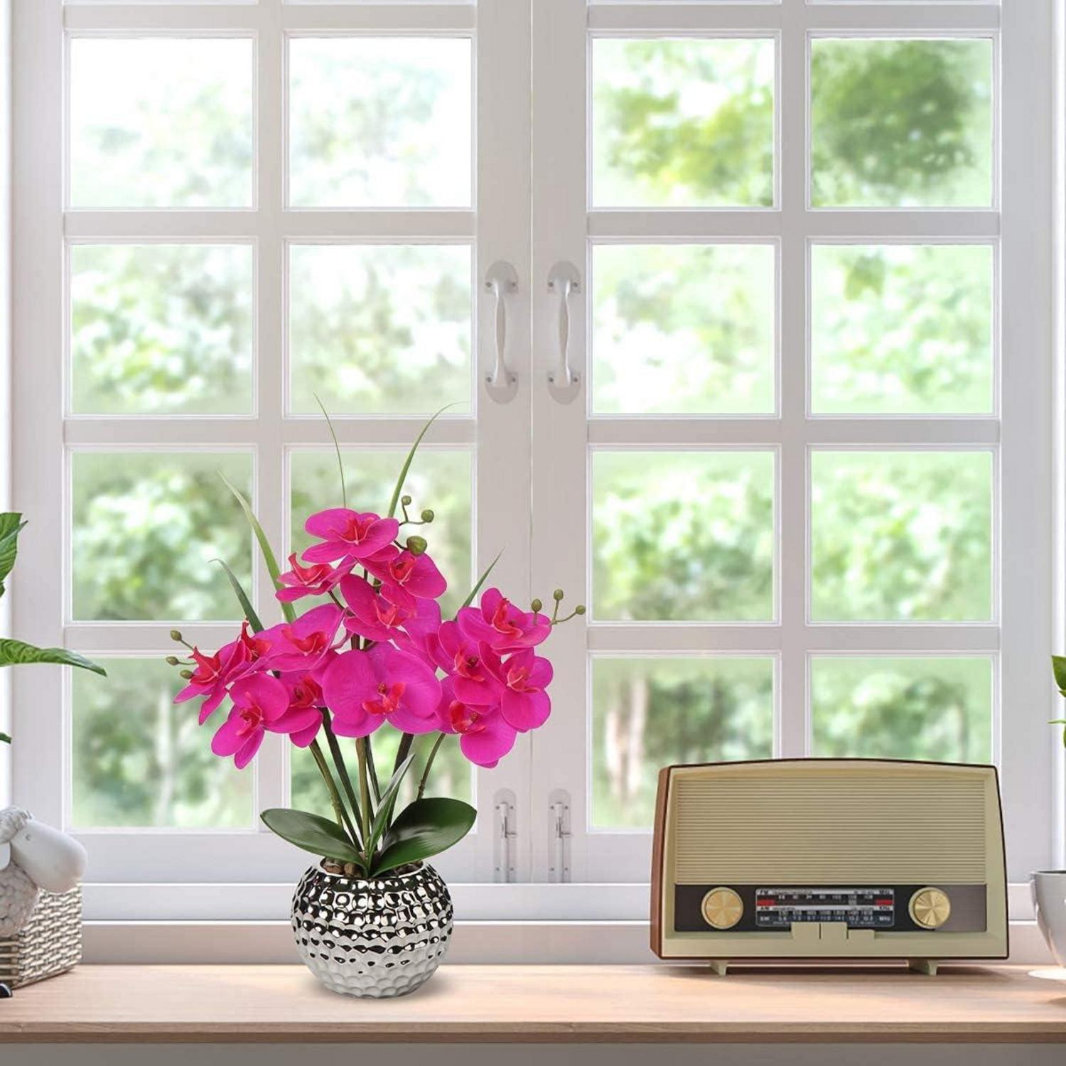 Kunstblumen Orchidee Phalaenopsis Lila Deko 49cm Keramiktopf
