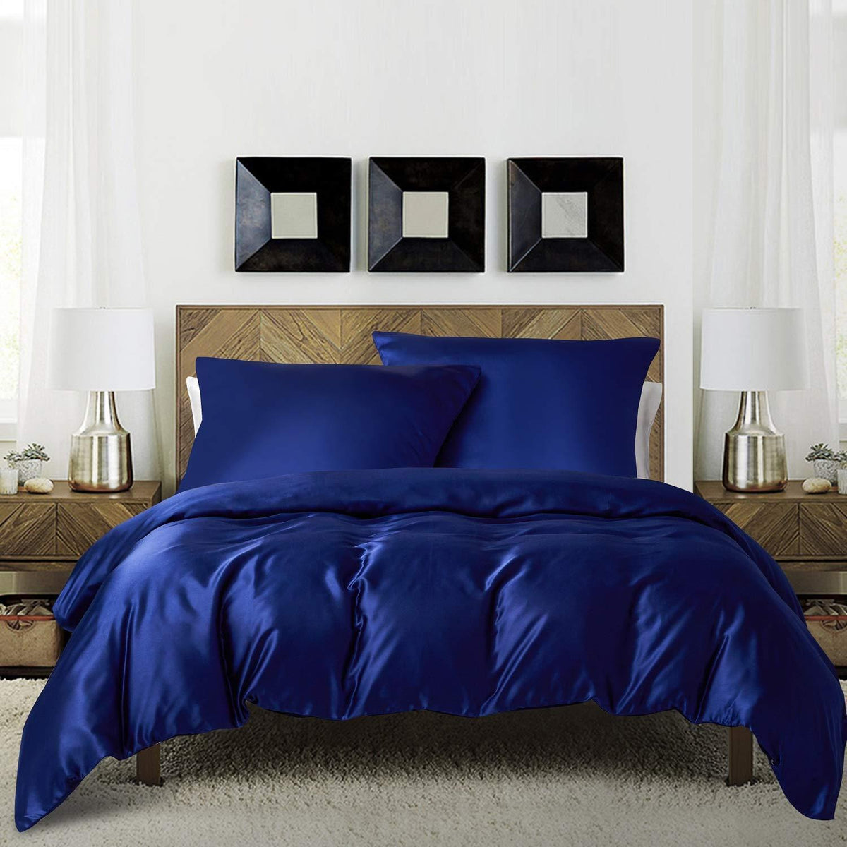 Satin Bettwäsche Set Blau 135x200cm - 2 Bettbezug & 2 Kissenbezug