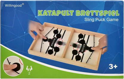 Hockey Brettspiel Holz Schnell Sling Puck 2in1 Tischhockey Katapult Portable Schwarz