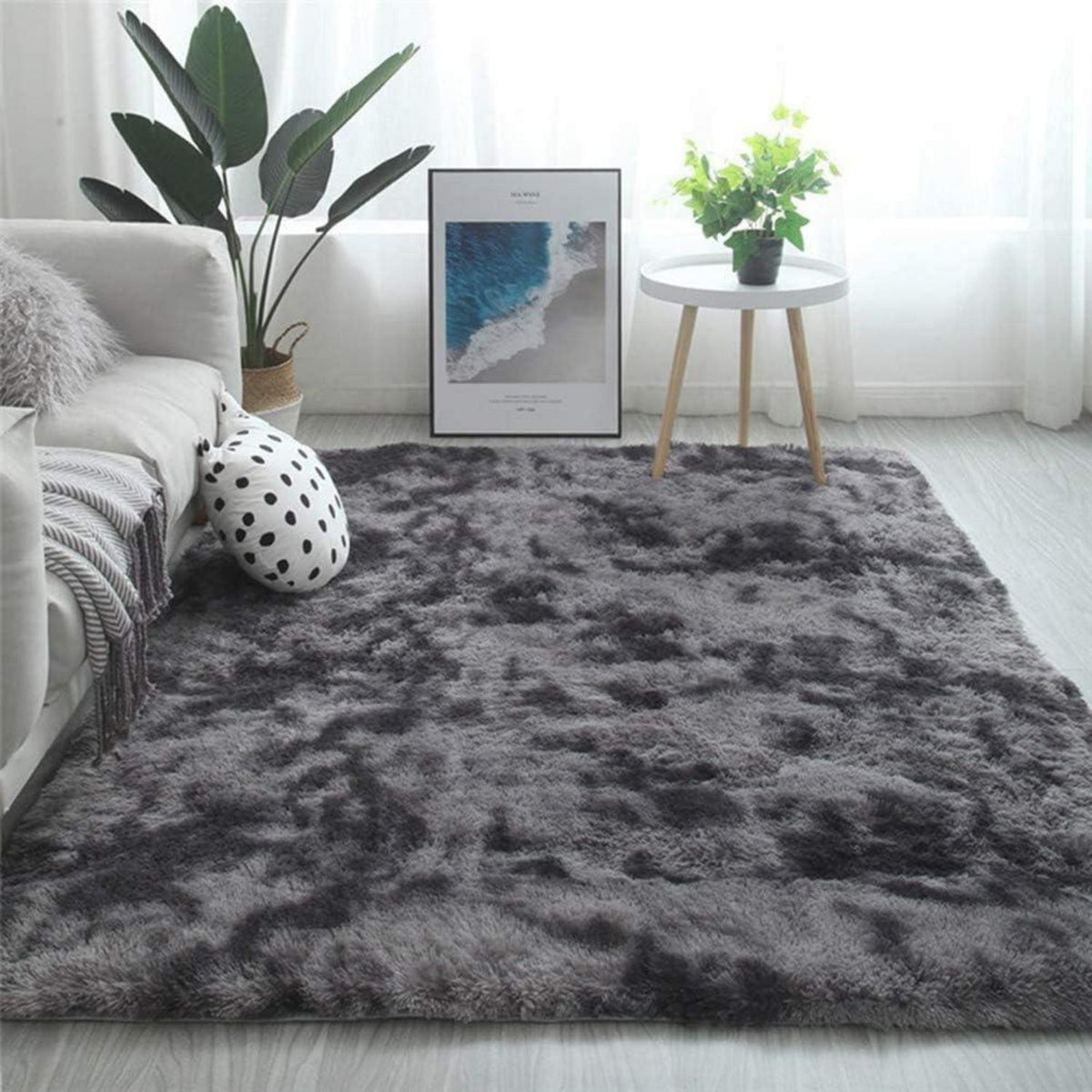 Weicher Shaggy Teppich, rutschfest, flauschig, Schwarz Grau 80x120 cm
