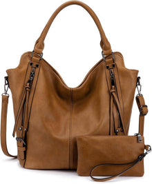 Damen Handtaschen Set 2-teilig Hellbraun Leder Shopper Hobo