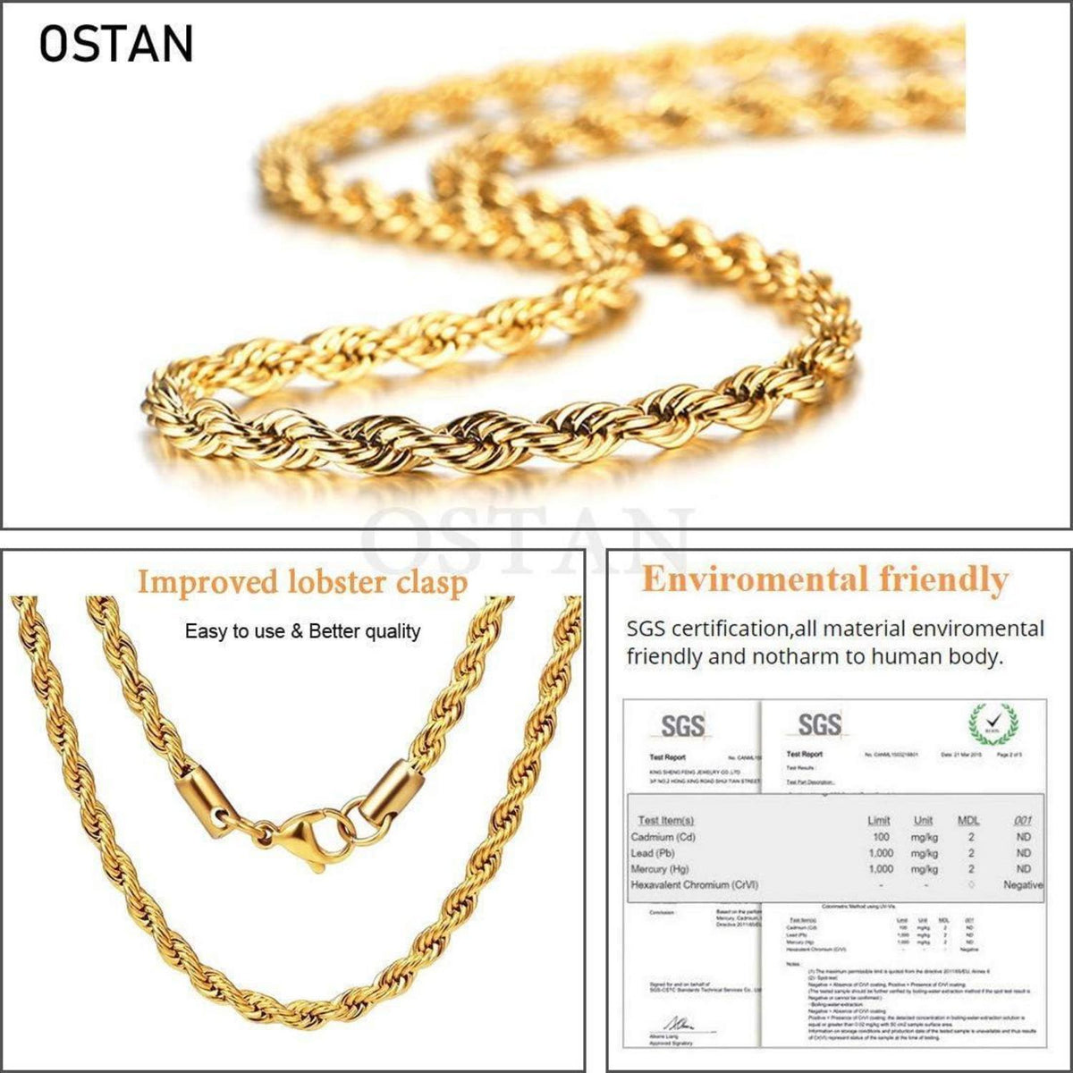 Herren Damen Edelstahl Seilkette Verdreht 2-5mm 45-80cm Gold