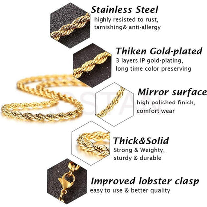 Herren Damen Halskette Edelstahl Verdrehte Kette 2-5mm Gold 45-80cm