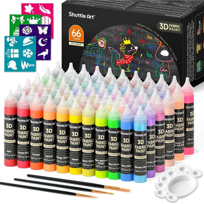 3D Textilfarben Set, 66 Farben, Waschfest, Metallic, Neon, Glitzer