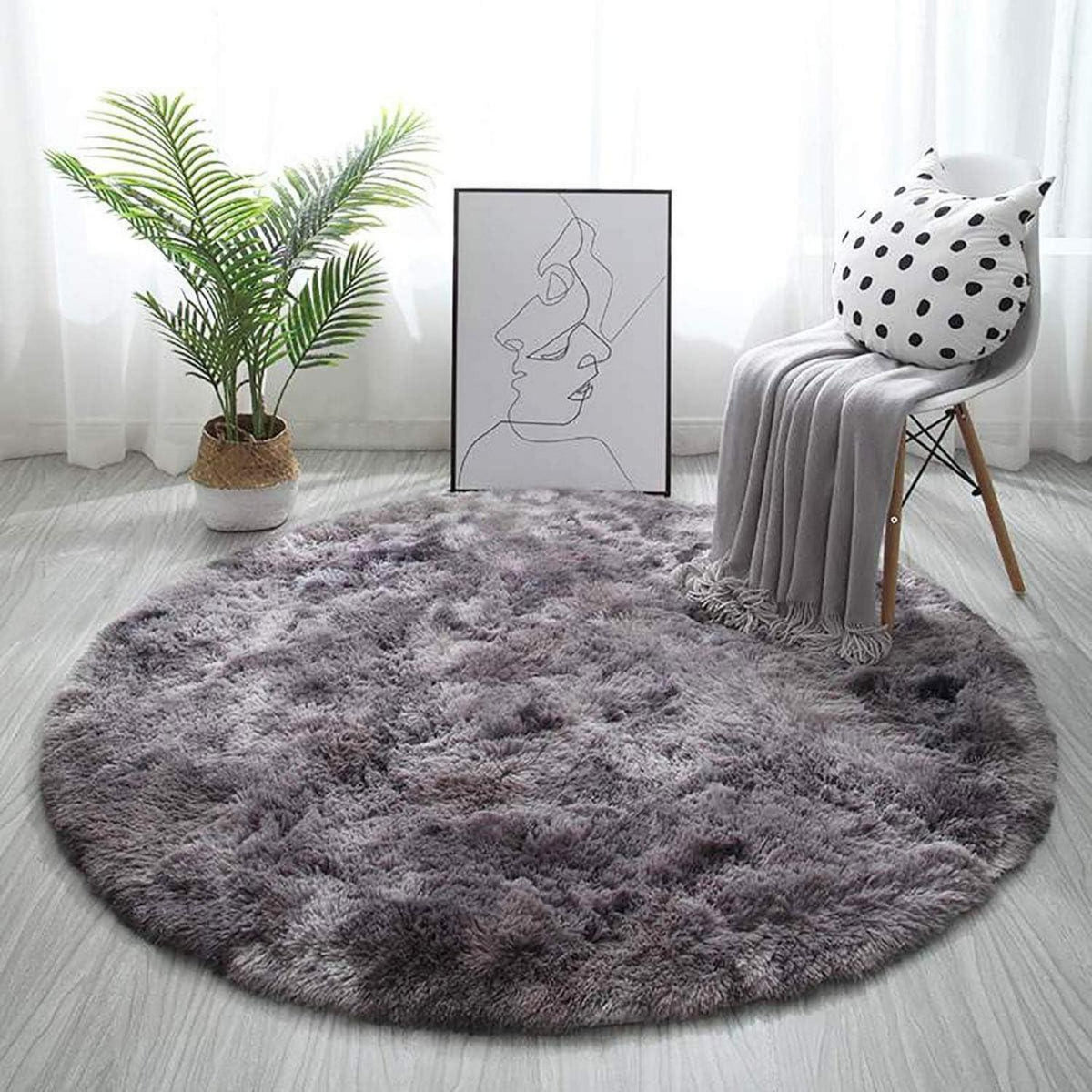 Runder Flausch Teppich Schwarz Grau 140cm – Weich & Rutschfest
