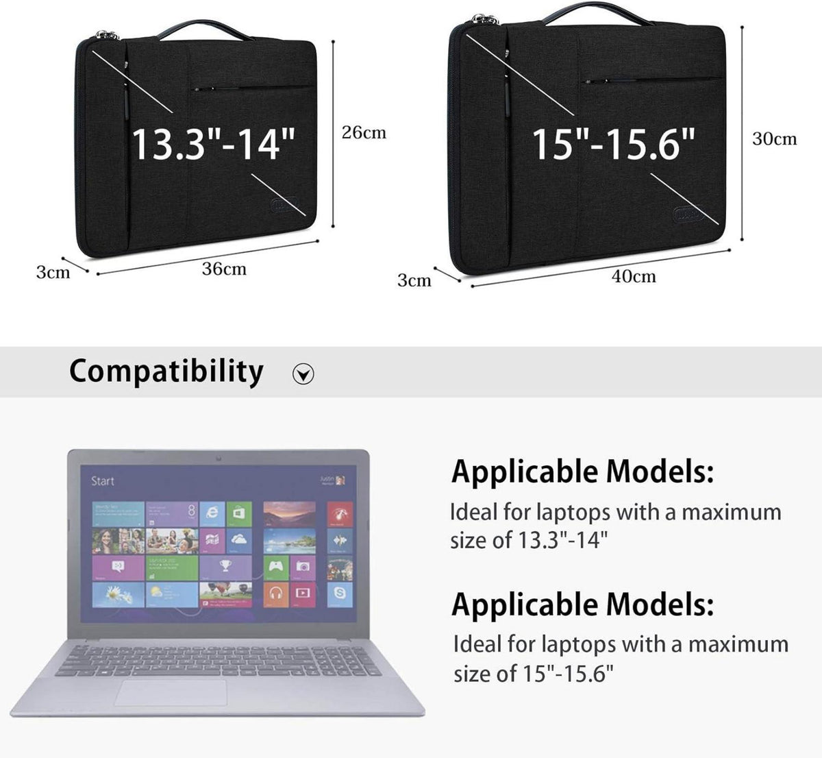 Laptophülle 15,6 Zoll stoßfest wasserdicht Tasche für Laptop - Schwarz