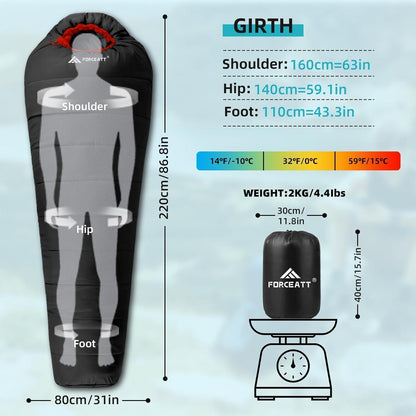 Mumienschlafsack 4 Jahreszeiten -10°C bis 15°C, wasserdicht, ultraleicht, Schwarz