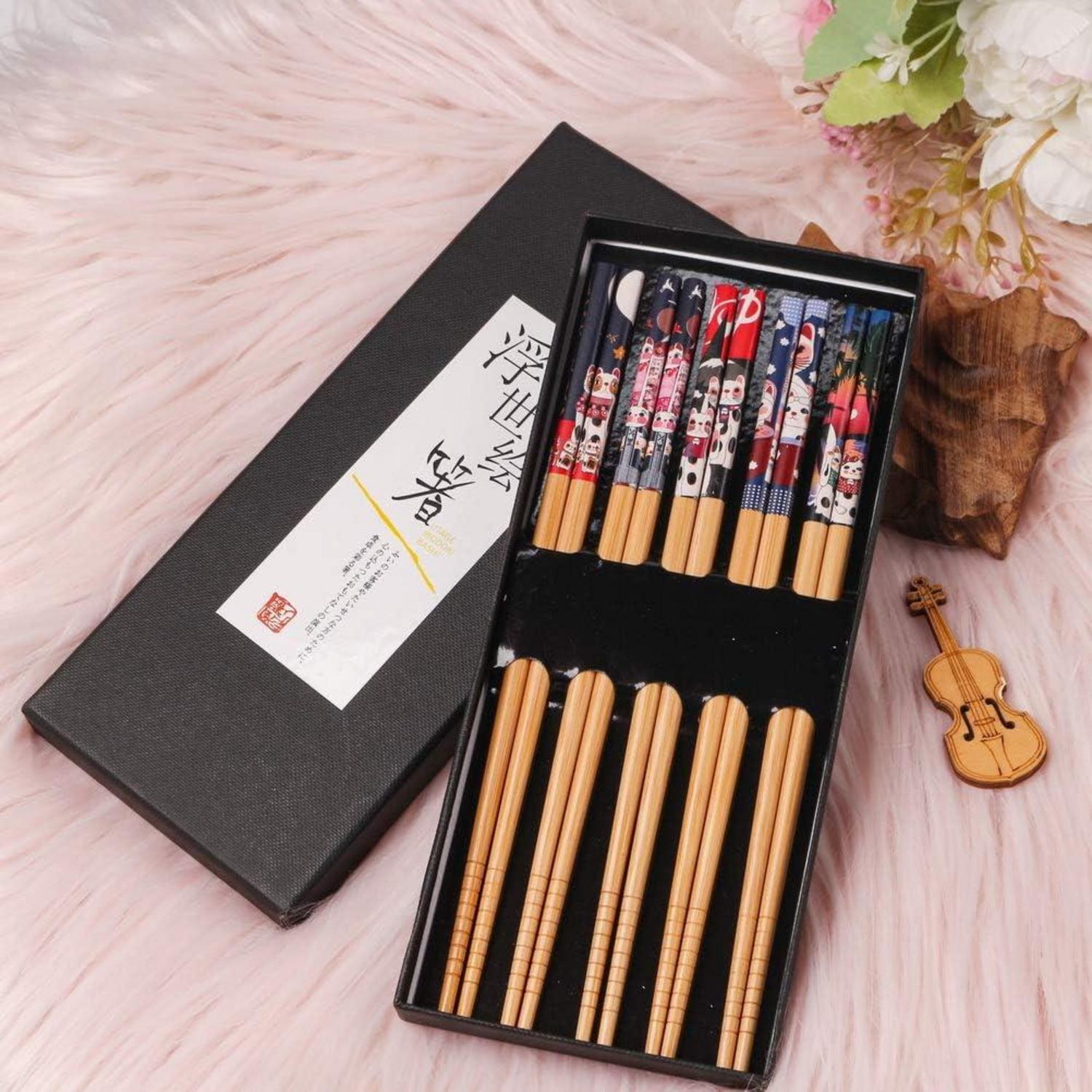 5 Paar Japanische Essstäbchen aus Bambus - Spülmaschinenfest - Luxuriöse Schwarz Handgemachte Box