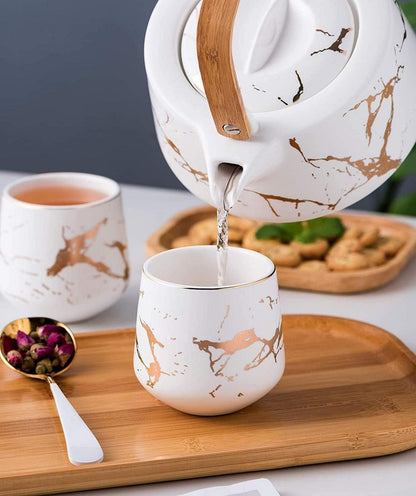 Japanisches Keramik Teeset mit Teekanne, 4 Teetassen & Holztablett