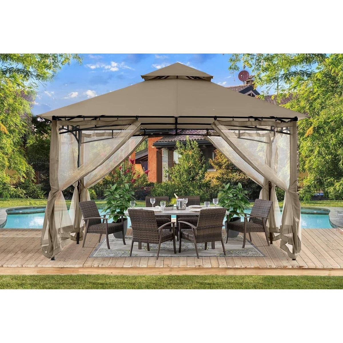 Gartenpavillon 3.35x3.35m mit Netz und Doppeldach, Khaki