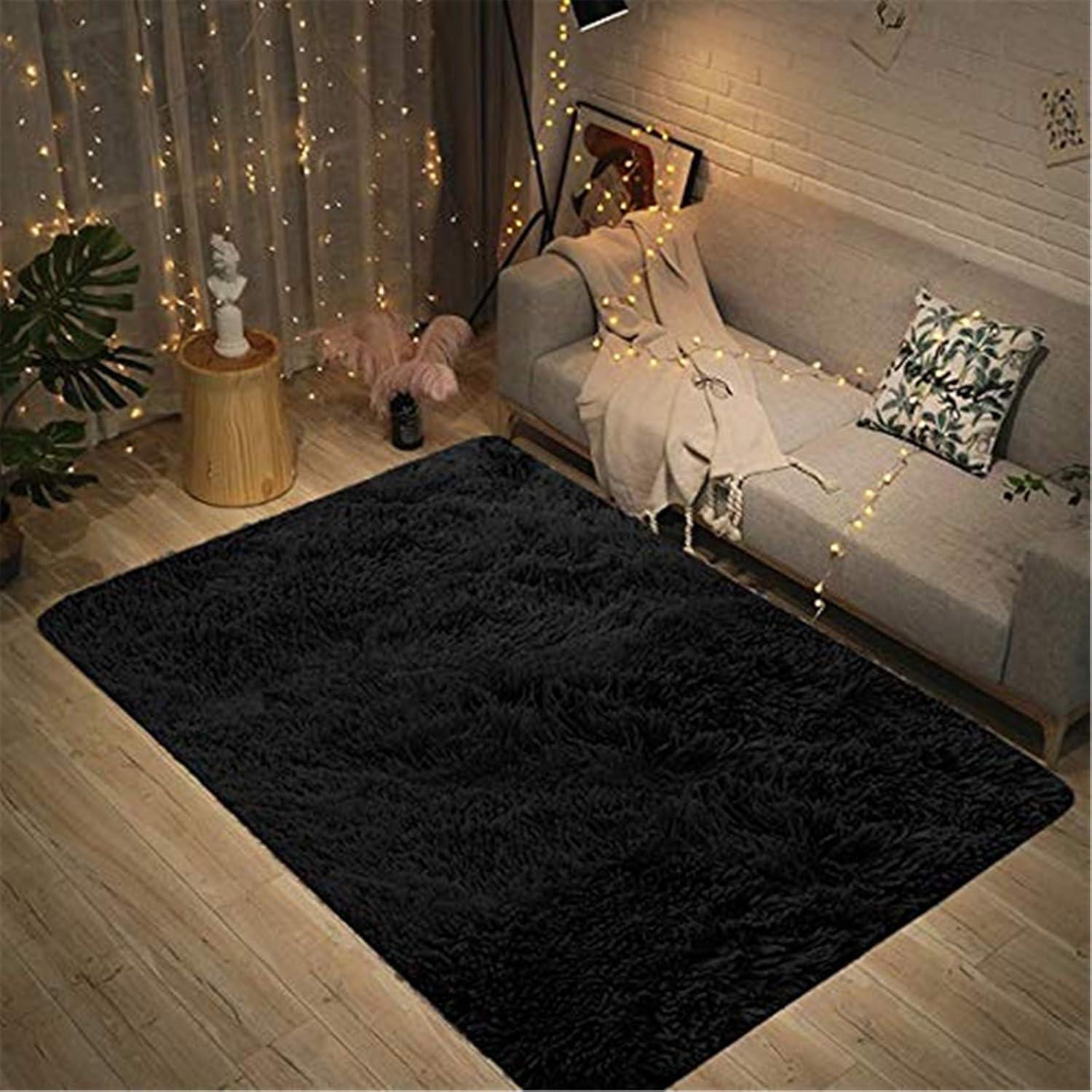 Schwarzer Shaggy-Teppich 60 x 90 cm Rutschfest