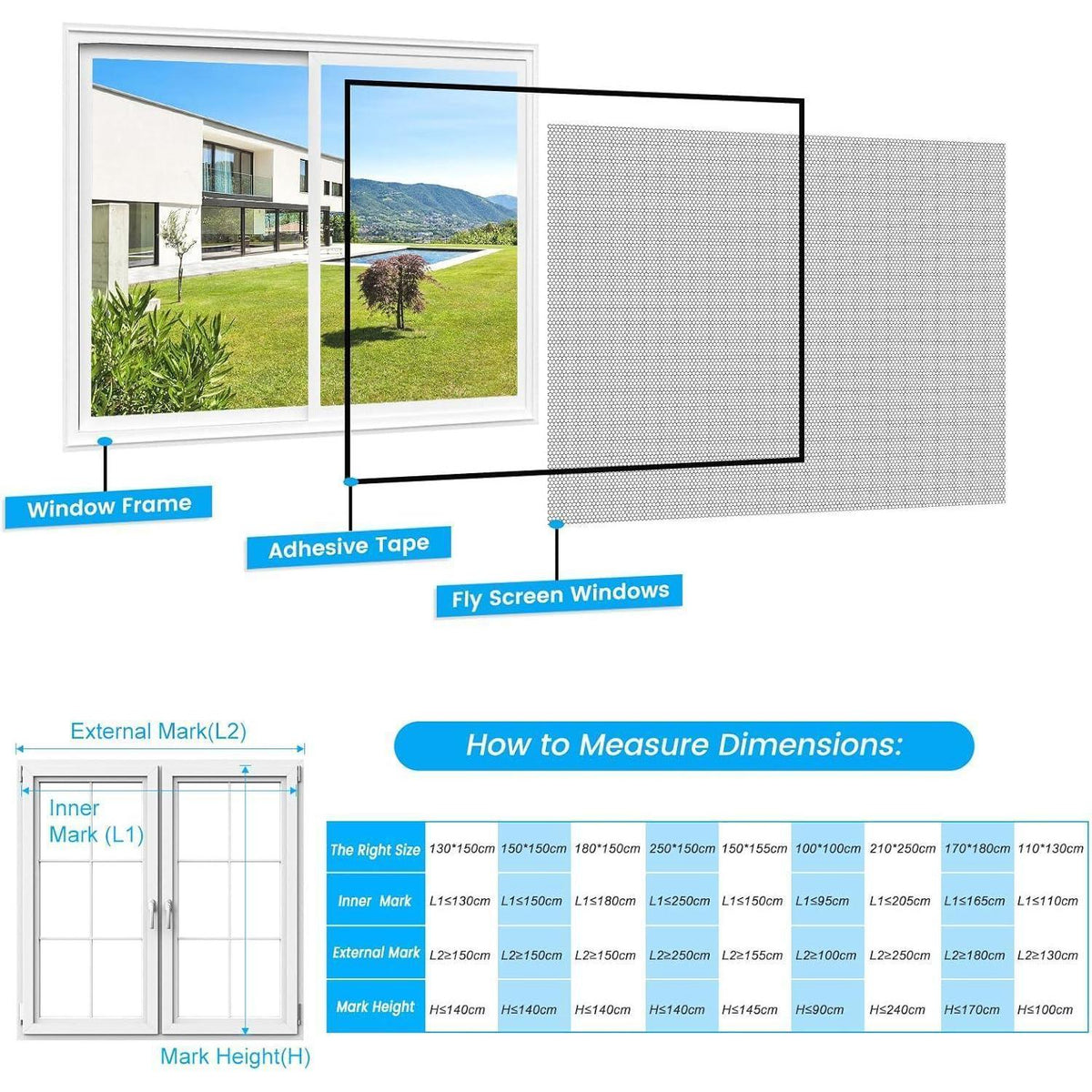 Fliegengitter Fenster Set 2er Pack 250x150cm, Zuschneidbar & Klebemontage