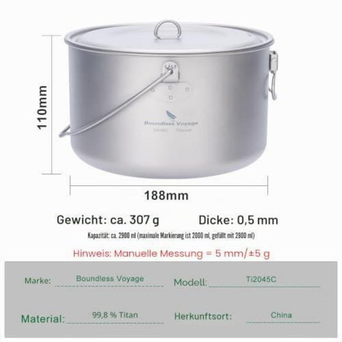 Titantopf mit Deckel – Camping Kochgeschirr Ultraleicht 750ml-1300ml