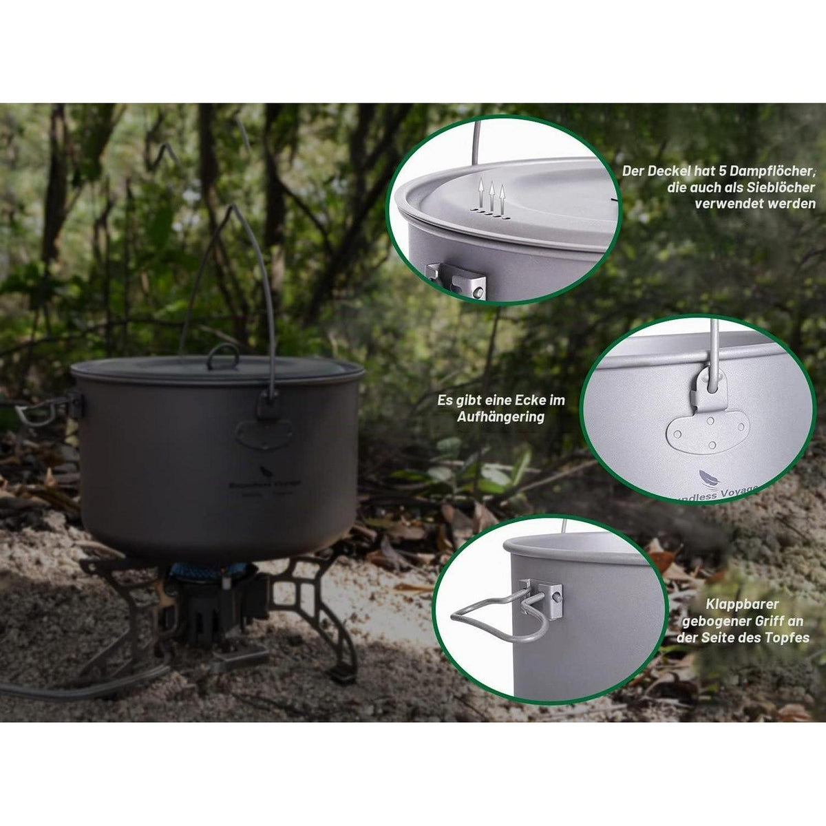 Titantopf Camping 750ml - 1300ml mit Deckel & Griff