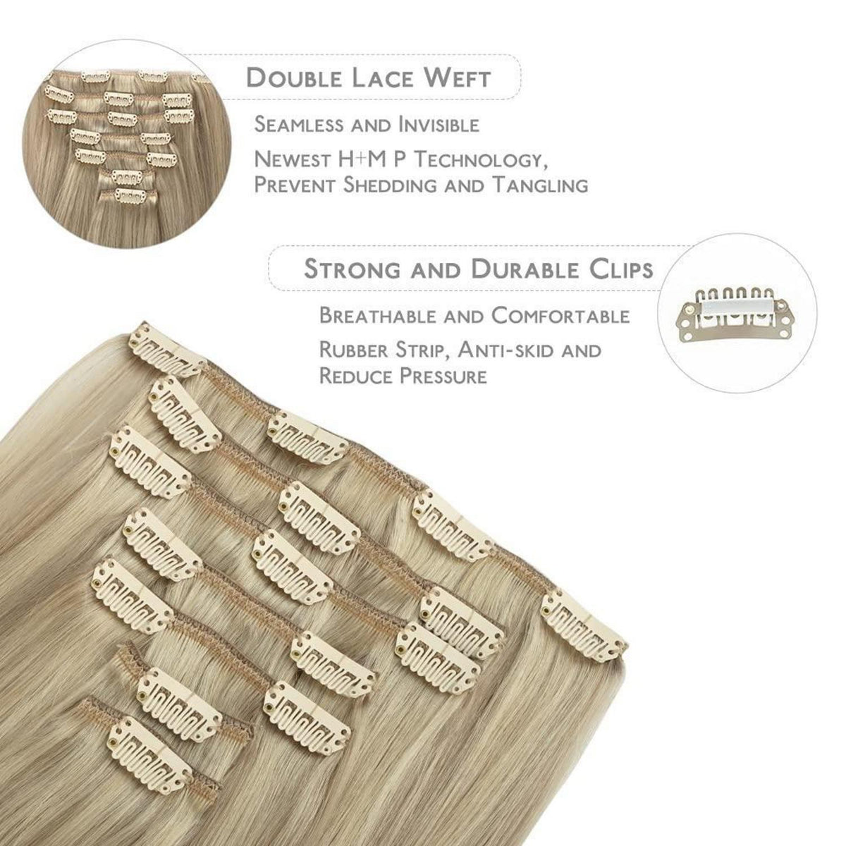 Echthaar Clip-Ins Aschblond bis Platinblond 50cm