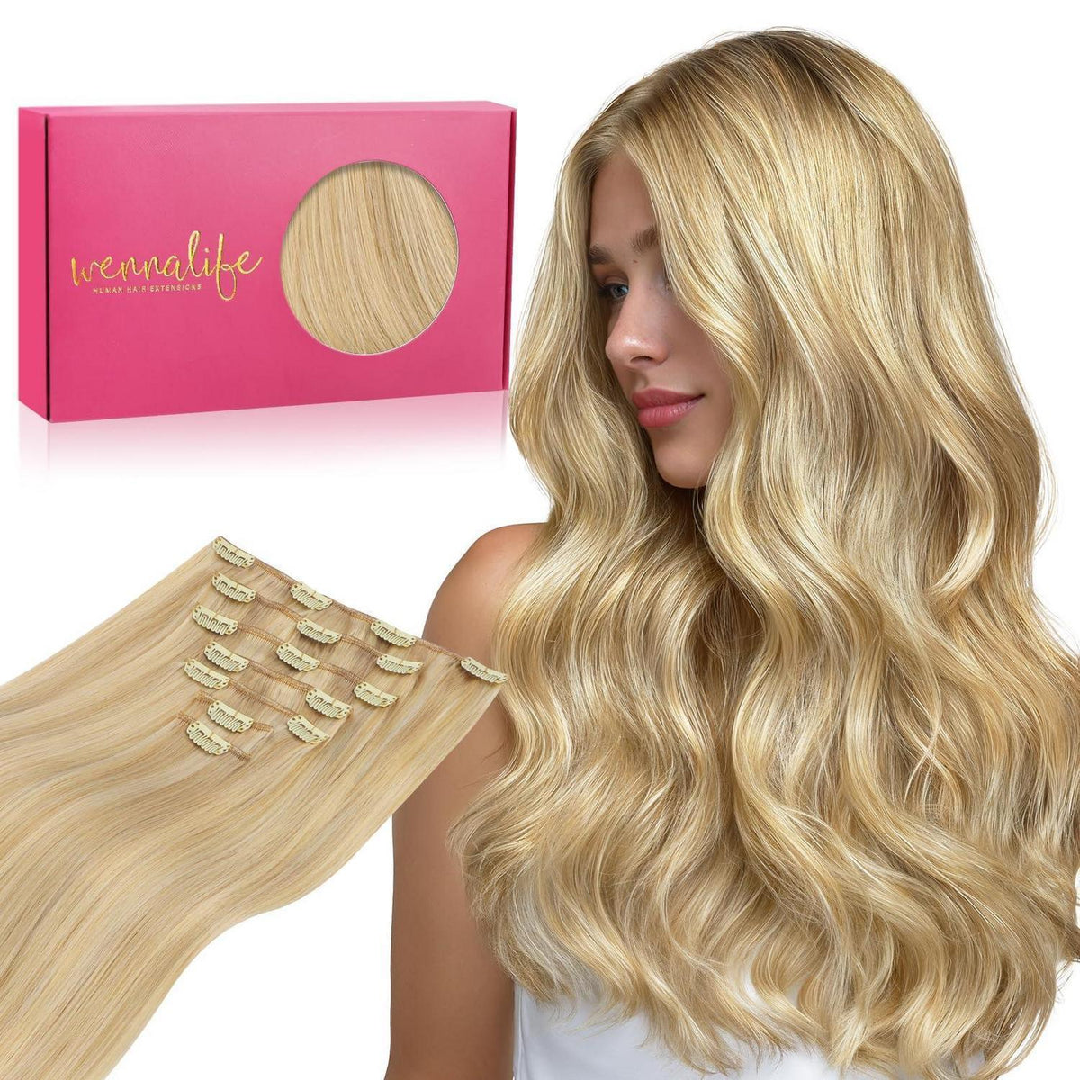 Echthaar Clip-Ins Hellblond Highlights 40cm