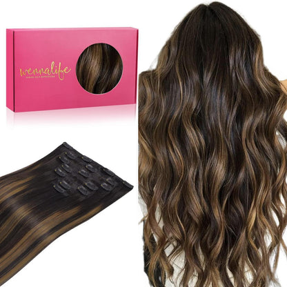 Clip in Echthaar Extensions Schwarz Braun Balayage 55cm