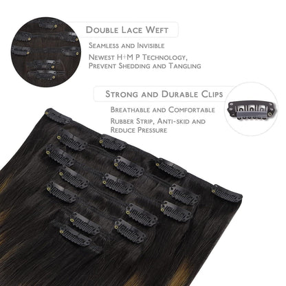 Clip in Echthaar Extensions Schwarz Braun Balayage 35cm