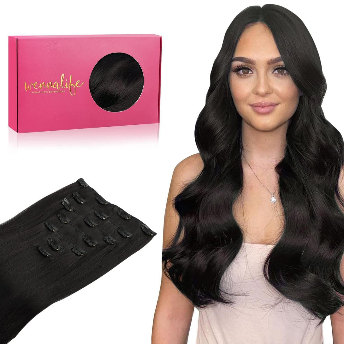 Echthaar Clip-Ins Schwarz 50cm (20 Zoll) 120g