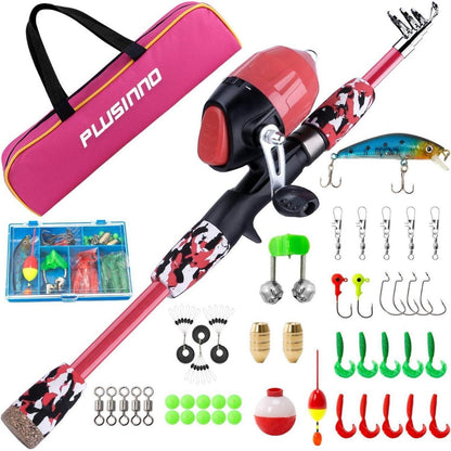 Kinder Angelrute Set mit Angelrolle Teleskopisch 1.5M Rosa
