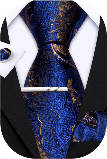 Krawattenset Seiden-Paisley mit Taschentuch und Manschettenknopf Blau