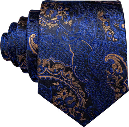 Krawattenset Seiden-Paisley mit Taschentuch und Manschettenknopf Blau