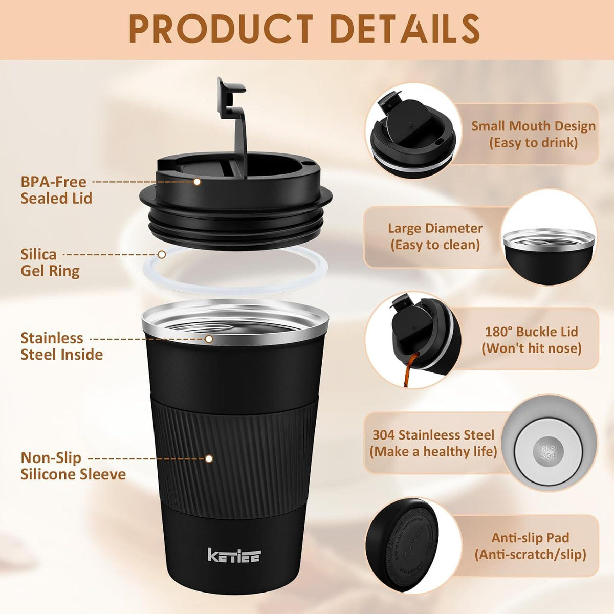 KETIEE Thermobecher Kaffeebecher to Go 380ml Edelstahl
