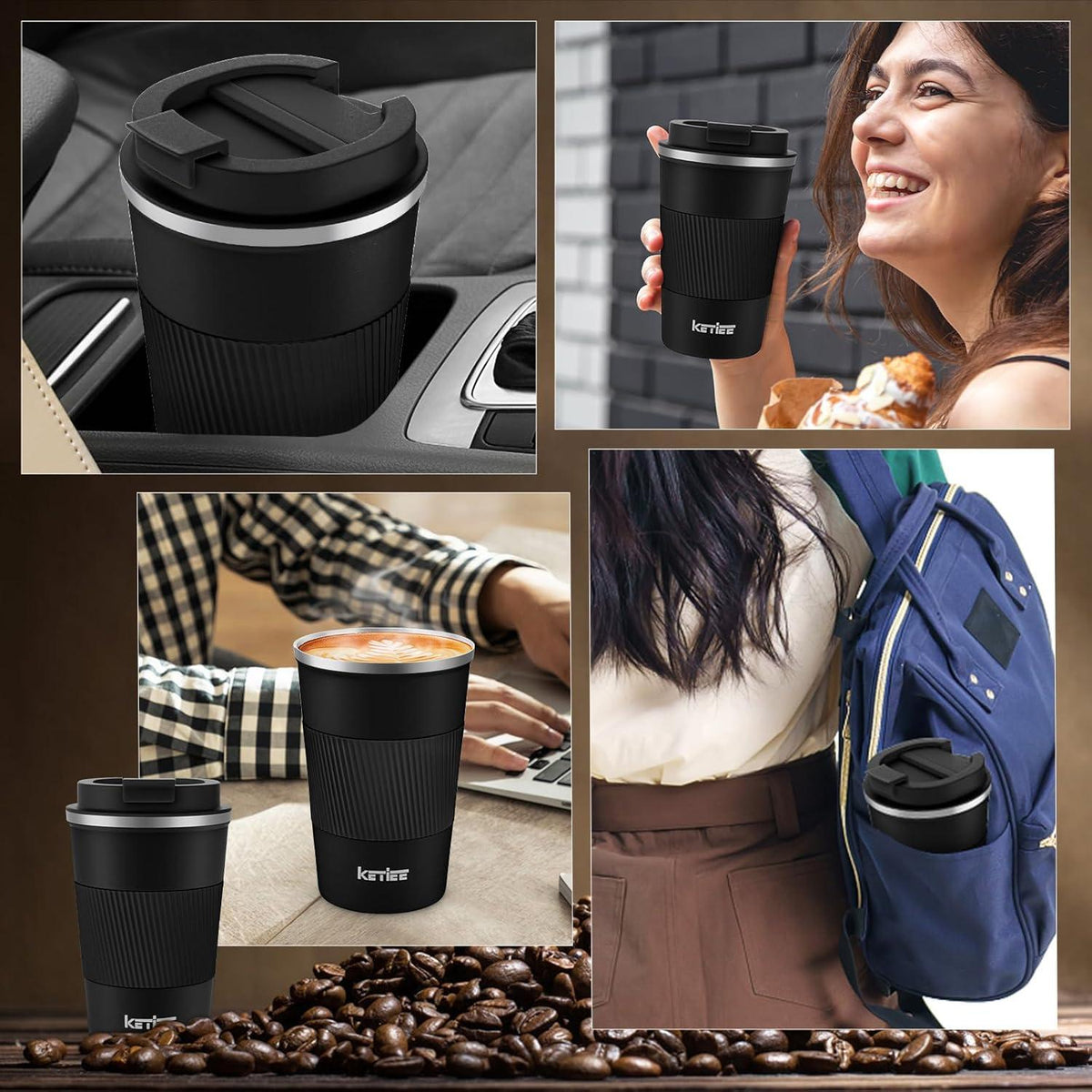 KETIEE Thermobecher Kaffeebecher to Go 380ml Edelstahl Vakuum Isolierbecher Autobecher doppelwandig Schwarz A01