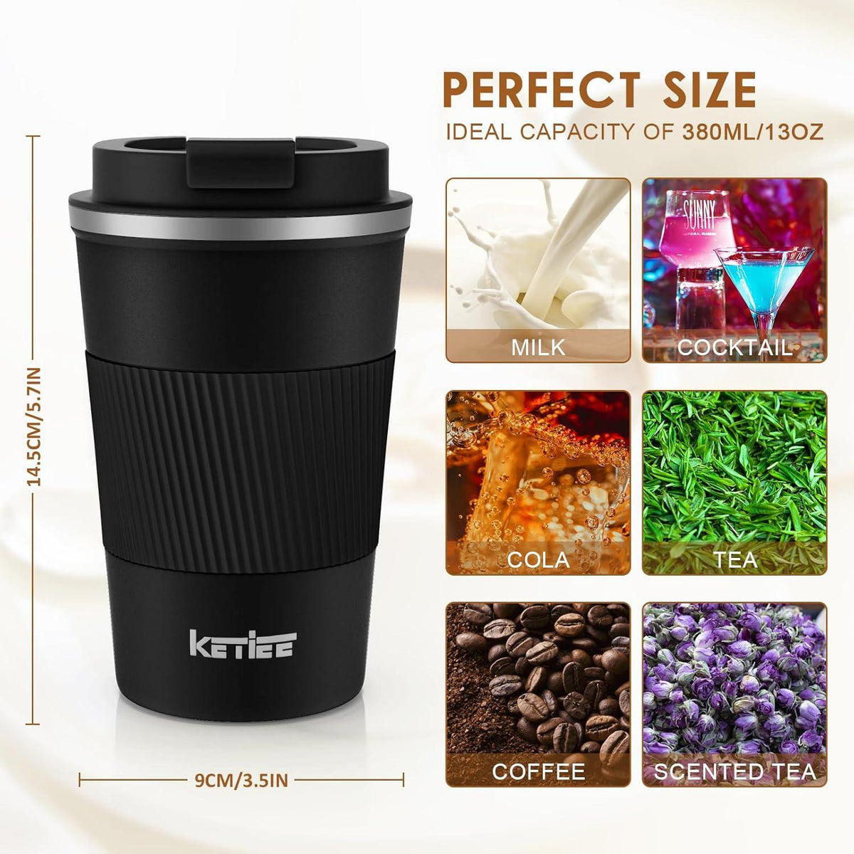 Thermobecher Kaffeebecher to Go 380ml Edelstahl Isolierbecher Schwarz
