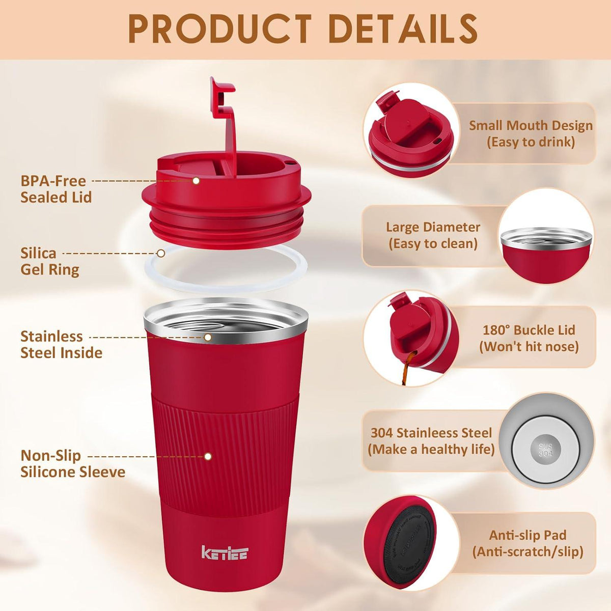 KETIEE Kaffeebecher to go 510ml Thermobecher Doppelwandig