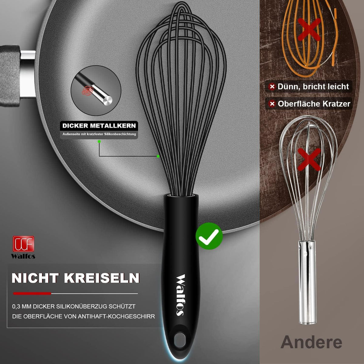 Walfos® Schneebesen Set 3 Stück Silikon Edelstahl Schwarz