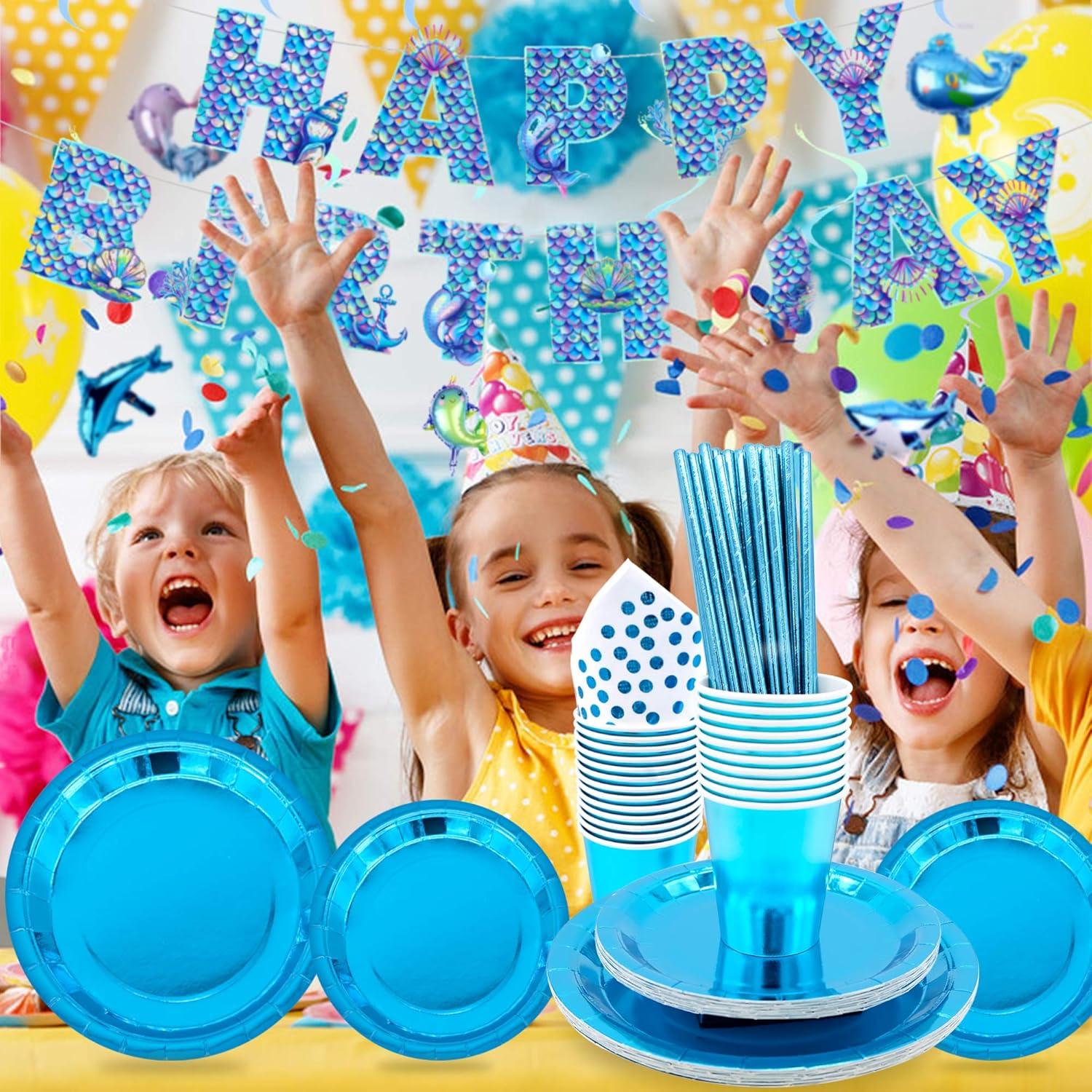 99-teiliges Partygeschirr-Set Blau Geburtstag Einweggeschirr mit Servietten und Strohhalmen