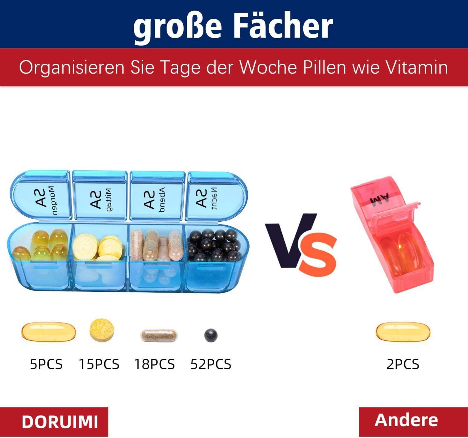Tablettenbox 7 Tage Pillendose mit Großen Fächern Schwarz