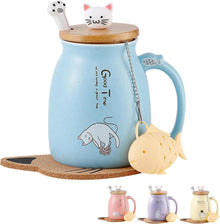 Süße Katzen-Keramik-Tasse mit Deckel und Löffel 380ML Blau