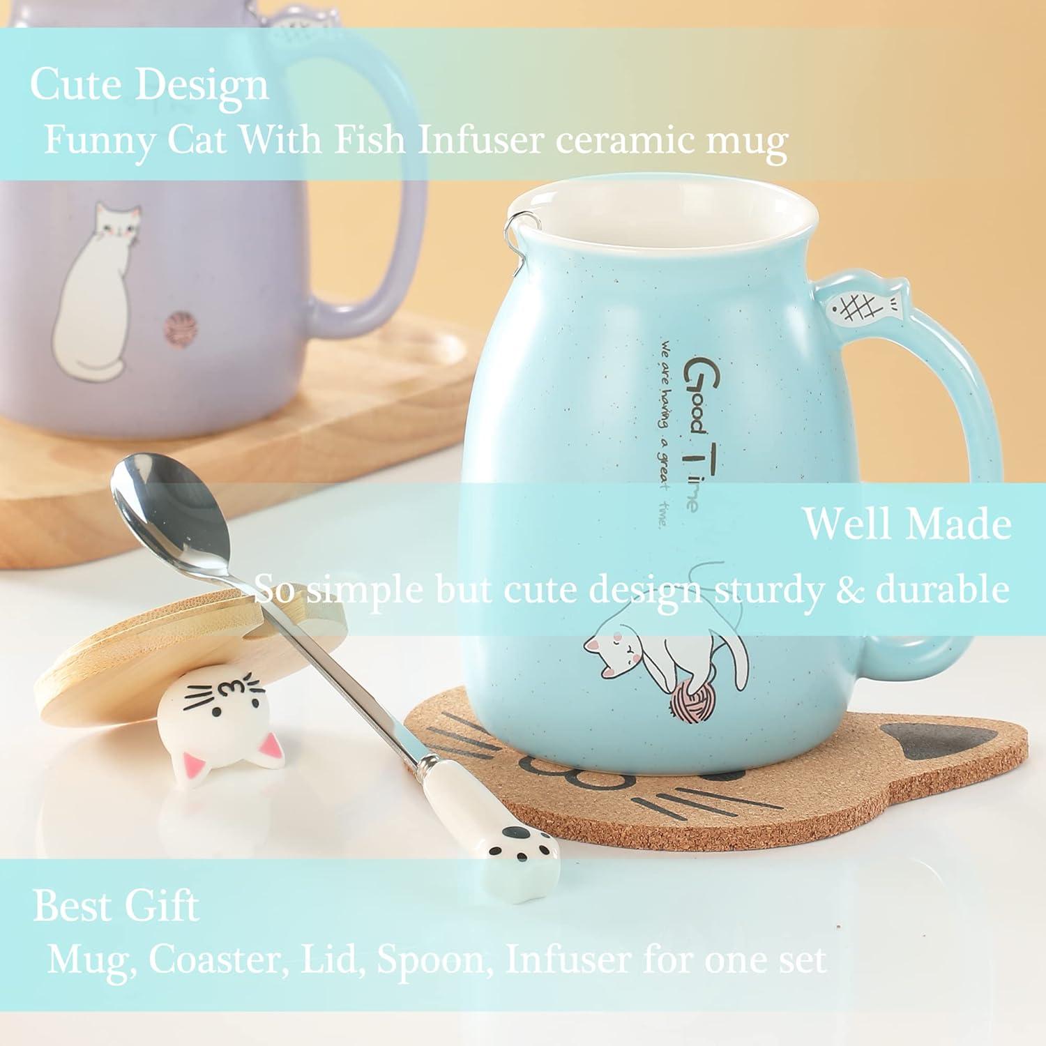 Süße Katzen-Keramik-Tasse mit Deckel und Löffel 380ML Blau