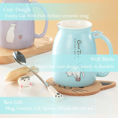 Süße Katzen-Keramik-Tasse mit Deckel und Löffel 380ML Blau
